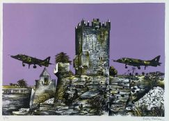 Rigby Graham (1931-2015) Jets Flying Past Castle Ruins