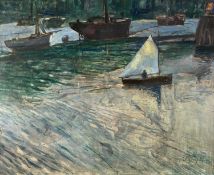 Alfred Percy Thompkin (20th Century) Sailboat leaving the Harbour