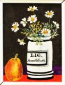 Brenda King (1933-2011) Still Life, Drug Jar with Daisies and a Pear
