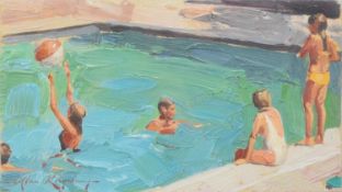 Alan Kingsbury (1960-) Green Pool - Children Playing