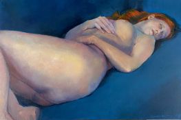 Beverley Fry (b.1948) Nude Asleep on Blue