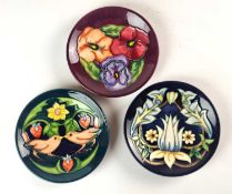 Three Moorcroft pin dishes including 'Tribute to William Morris'