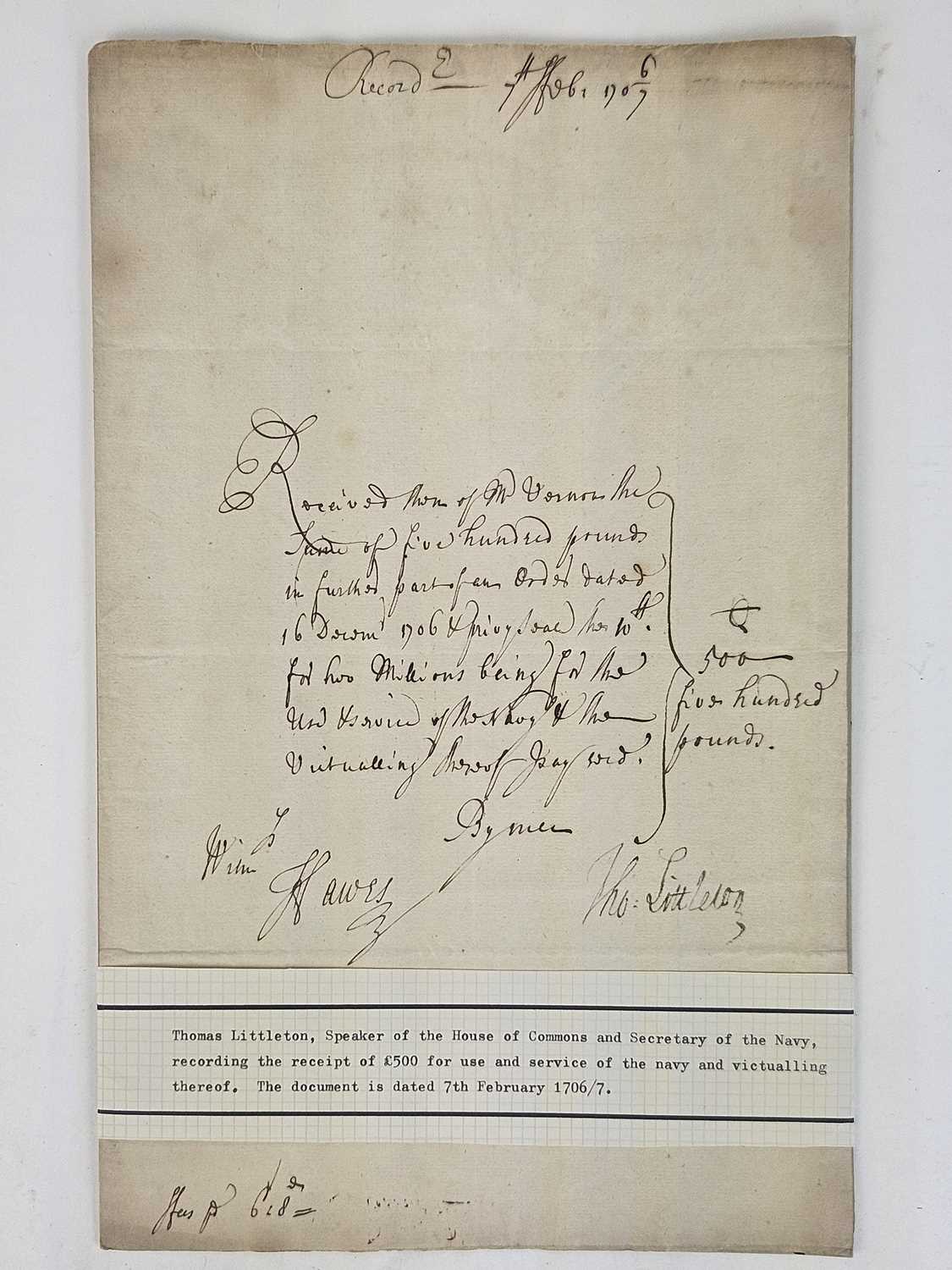 Maritime receipt signed by Sir Thomas Littleton, Treasurer of the Navy, for service of the navy. Mar