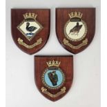 Three contemporary heraldry plaques for HMS Black Swan, HMS Woodcock and HMS Warspite, 15cm x 17cm