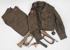 1949 Pattern British Army Battledress blouse and trousers, artillery shell, RWF bugle, etc
