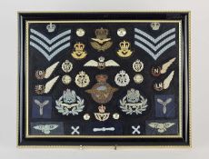 Framed group of RAF cloth and metal insignia