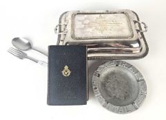 A Second World War RAF Hospital ashtray together with a War Office fork and spoon, an RAF bible