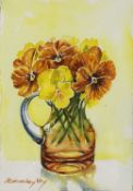 Beverley Fry (b.1948) Pansies in a Brown Glass