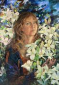 Beverley Fry (b.1948) Self Portrait with Lilies