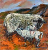 Beverley Fry (b.1948) Ewe with Twin Lambs in the Shropshire Hills