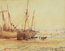 William Banks Fortescue (1850-1924) Unloading the Catch at Low Tide, plus a further seascape