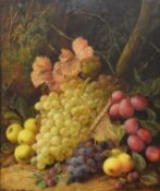 George Clare (1830-1900) Autumnal Still Life Basket of Grapes, Apples, Plums and Raspberries