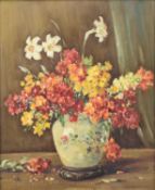 Owen Bowen (1873-1964) Still Life Study of Wall Flowers and Daffodils in a Cream Vase