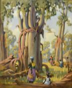 John Littlejohns RBA RI (1874-1955) Figures in a Village Beneath Boab Trees
