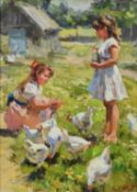 Konstantin Lavrov (b.1943) Feeding the Chickens
