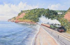 British School (20th Century) Steam Train travelling along a coastal railroad