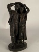 After Fernand Lorrain (19th century), a bronze figure of lovers sheltering from the rain
