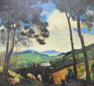 Carl Hachez (German 1880-1958) Shepherd and flock in an extensive landscape