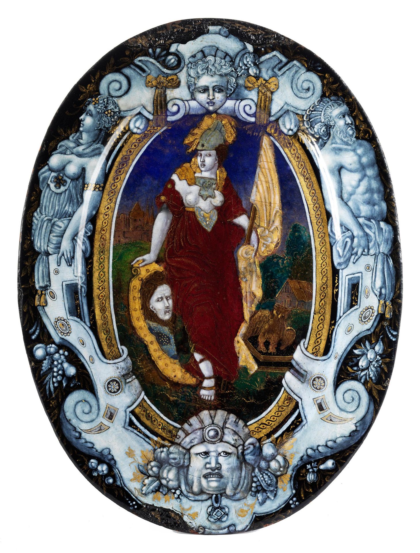 Grosse museale Limoges-Emailbildplatte des 16. Jahrhunderts mit Darstellung der Göttin Minerva