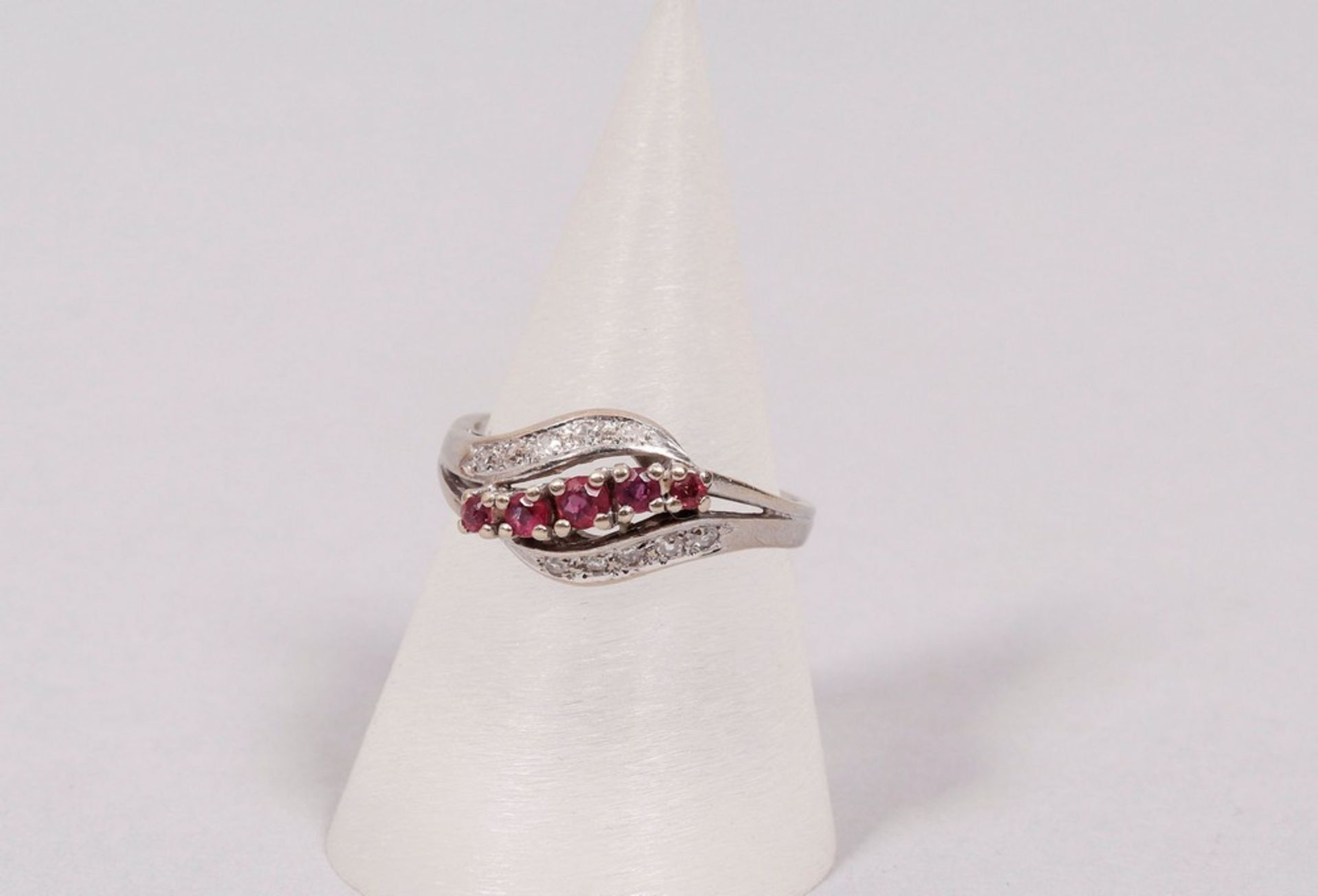 Art Deco ring, 585 white gold, 5 small rubies and 10 diamonds