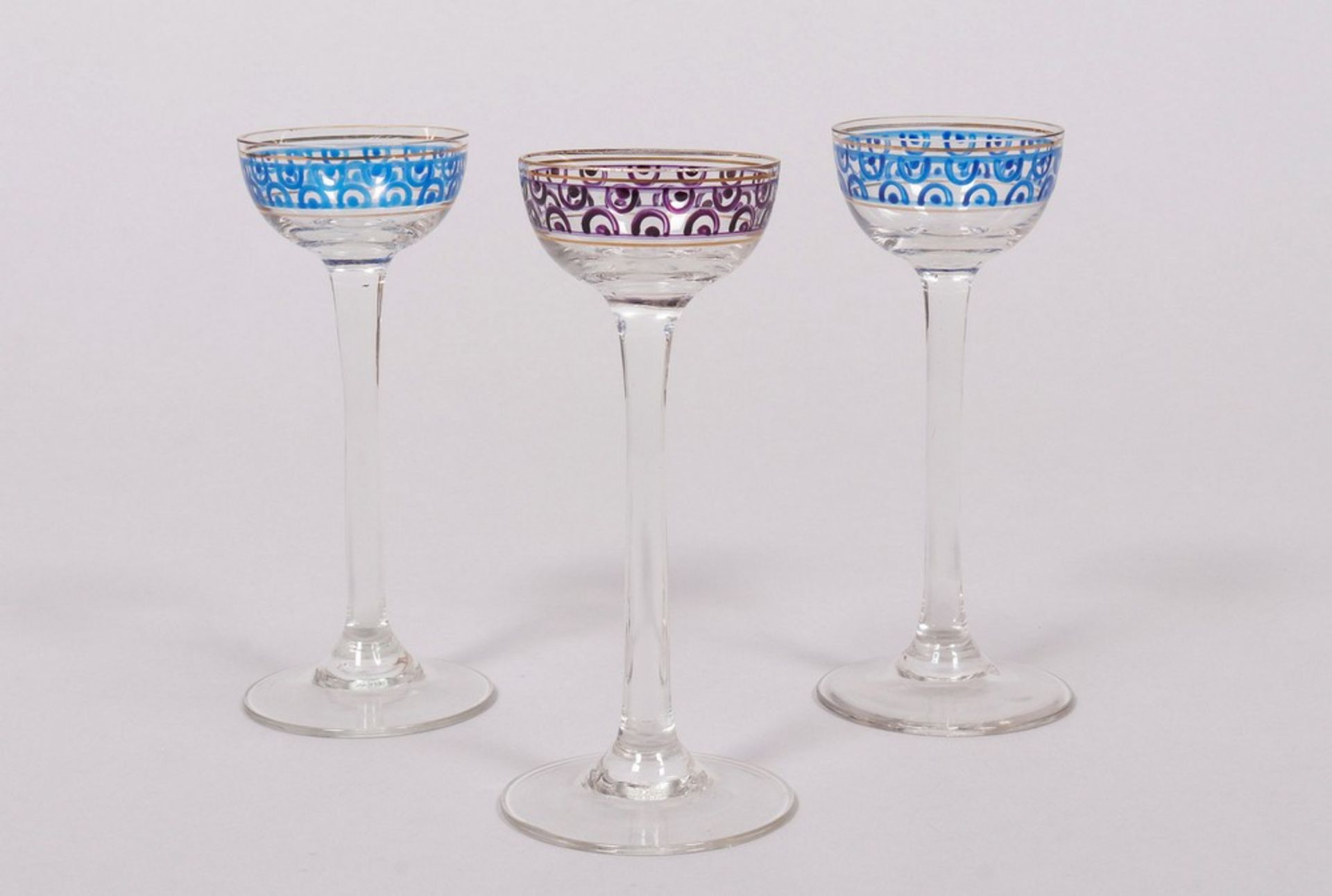 3 liqueur glasses, probably Theresienthal, c. 1905