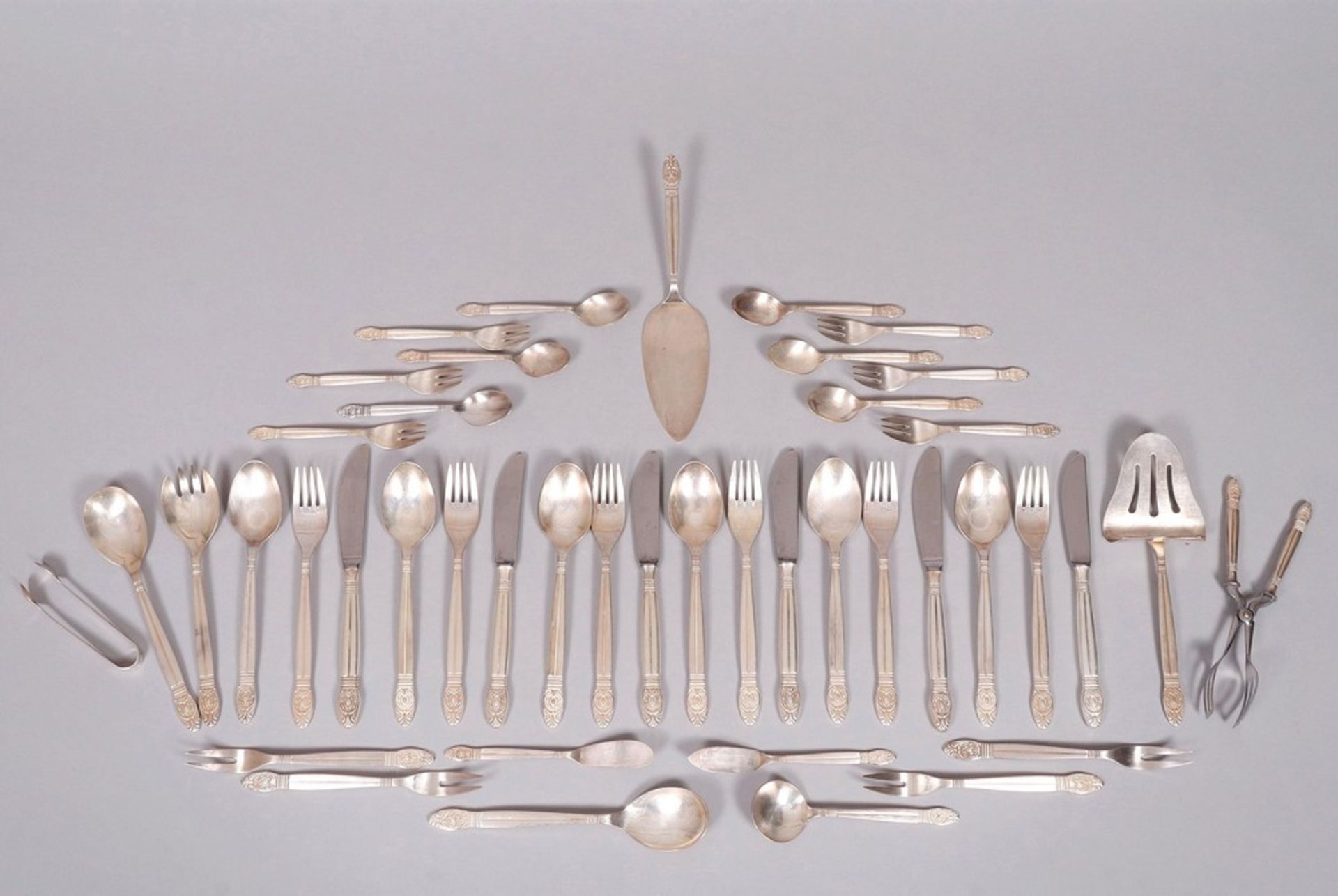 Dining and coffee cutlery for 6 people, 800 silver, Gustav Ebel, Solingen, 20th C. 