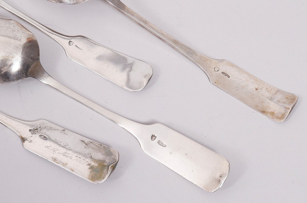 4 dining spoons, silver, Hermann Georg Sack, Lübeck, mid-19th C. - Image 2 of 2