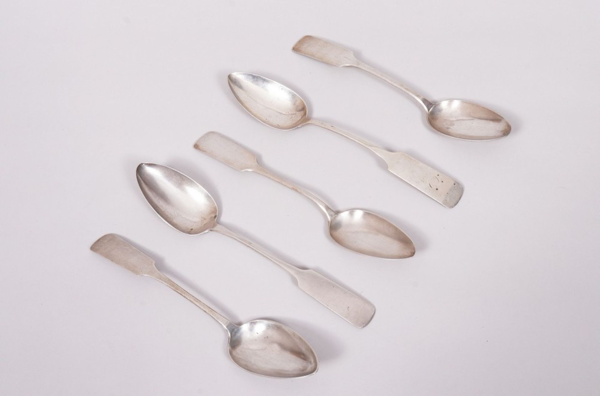 5 dining spoons, 750/800 silver, Hermann Georg Sack, Lübeck, late 19th C.