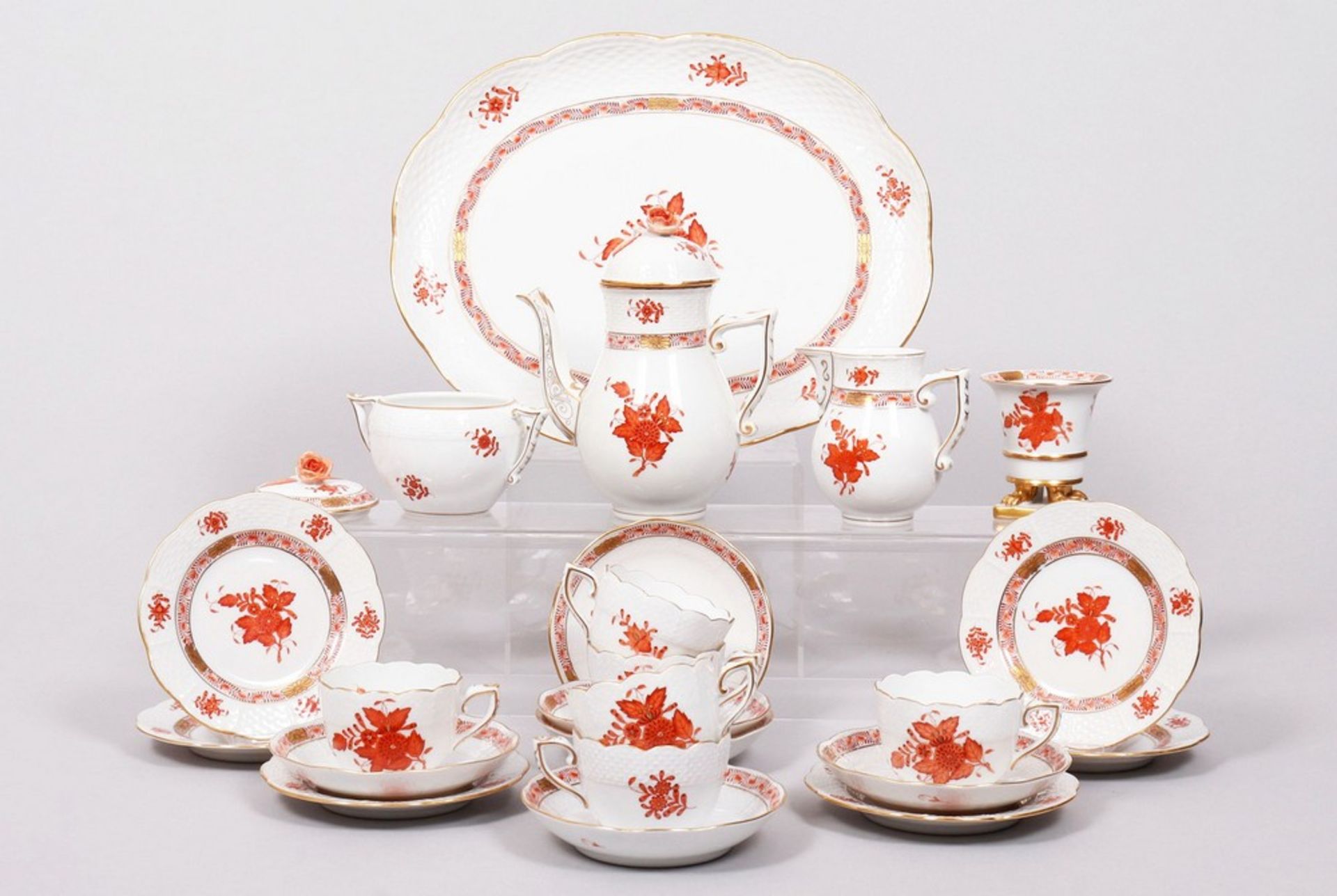 Mocha service, Herend, Hungary, 20th C., decor "Apponyi orange", 23 pcs.