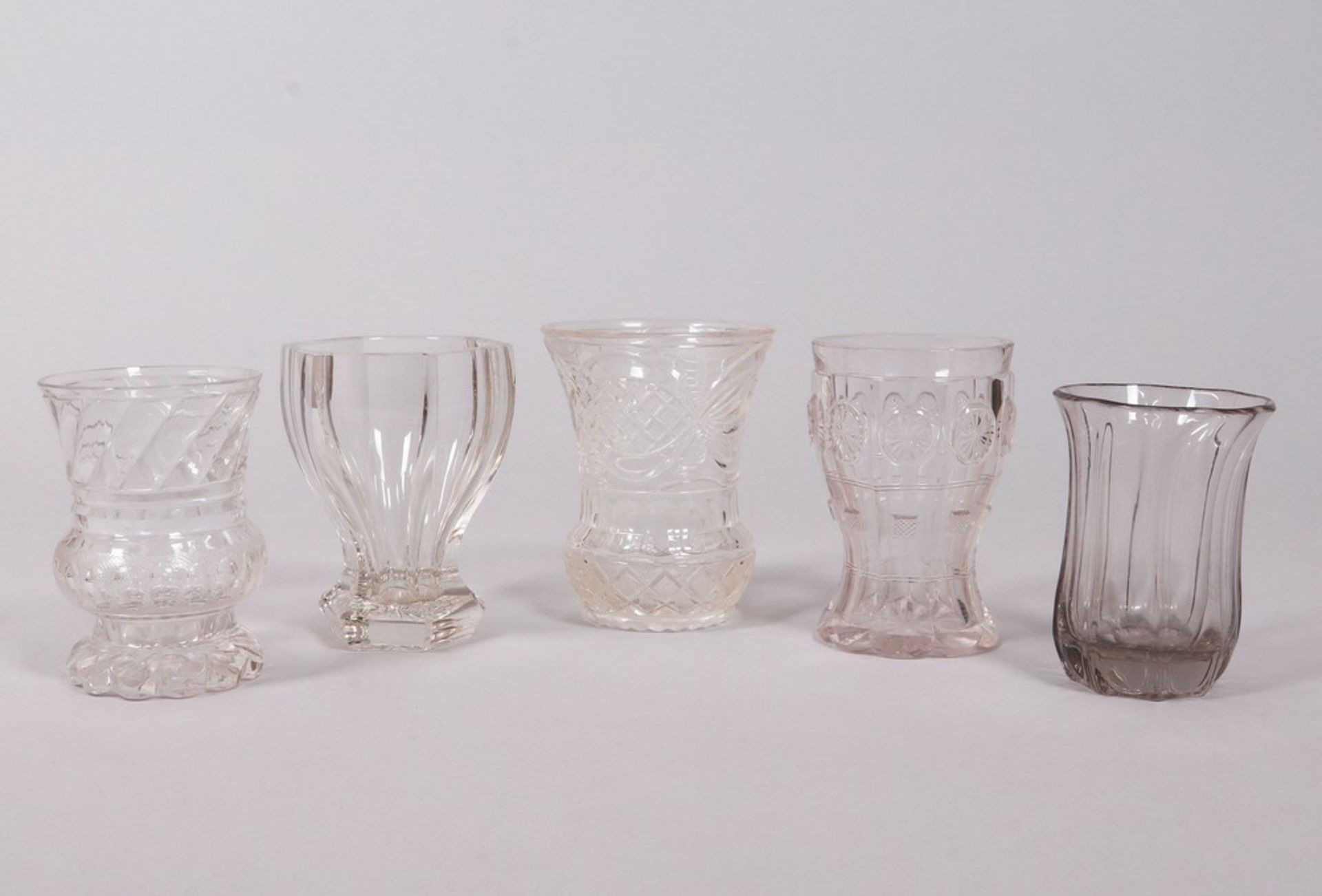 Mixed lot of Biedermeier glasses, 5 pieces, colorless, German, 19th C.