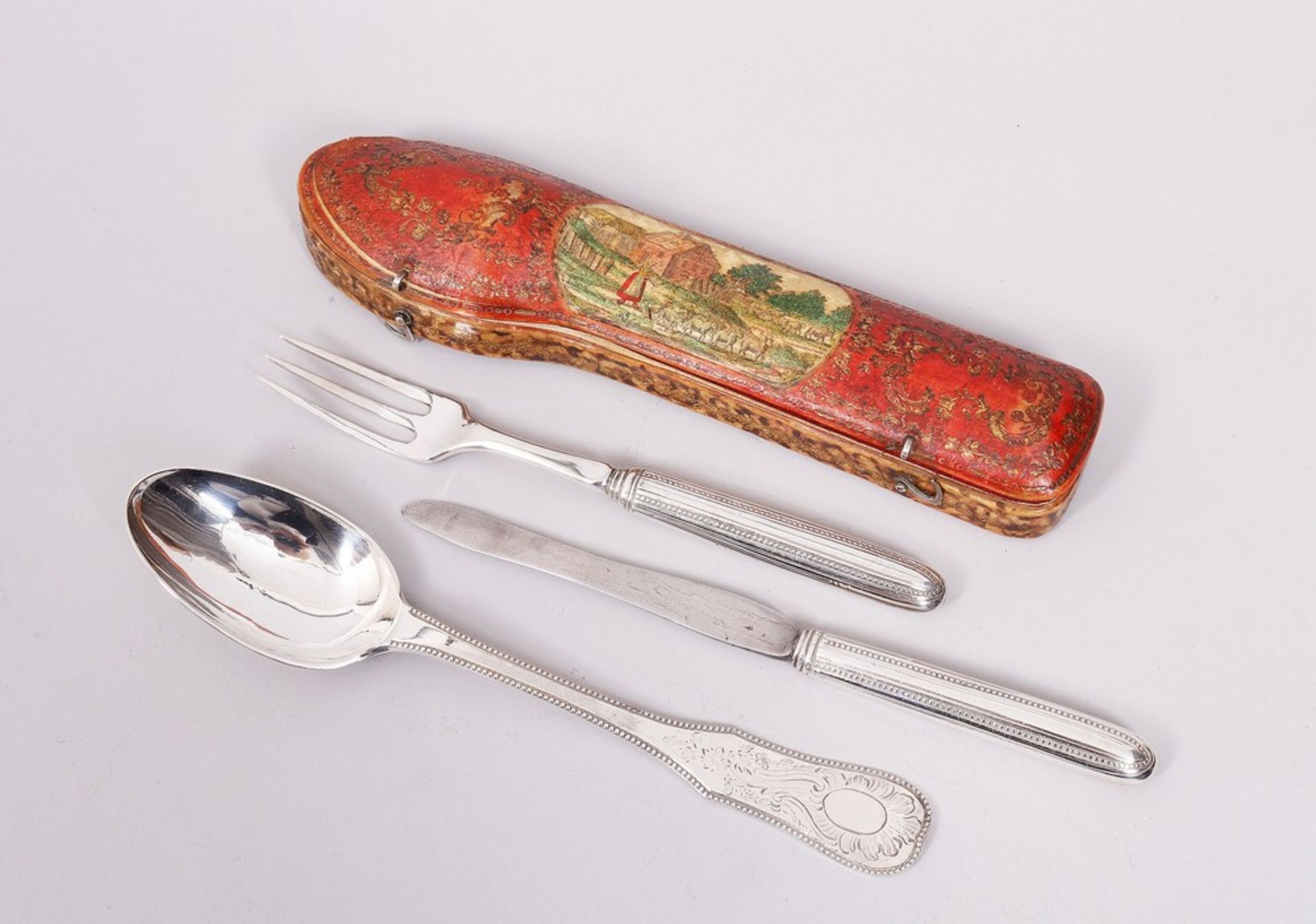 Travel cutlery in case, silver/metal, 18th/19th C.