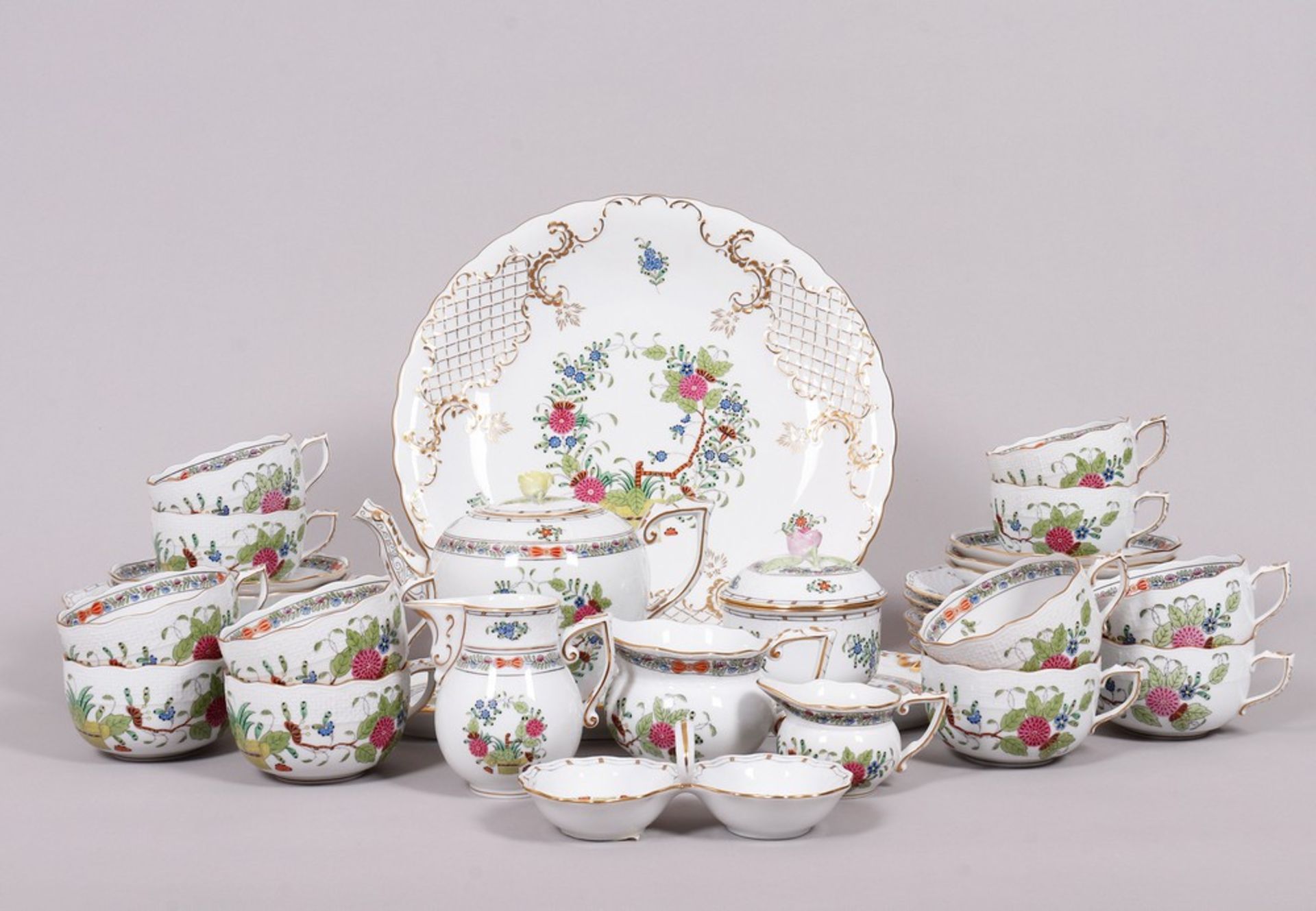 Part-Coffee/tea service, Herend, Hungary, relief form "Ozier", decor "Indischer Blumenkorb", 20th C