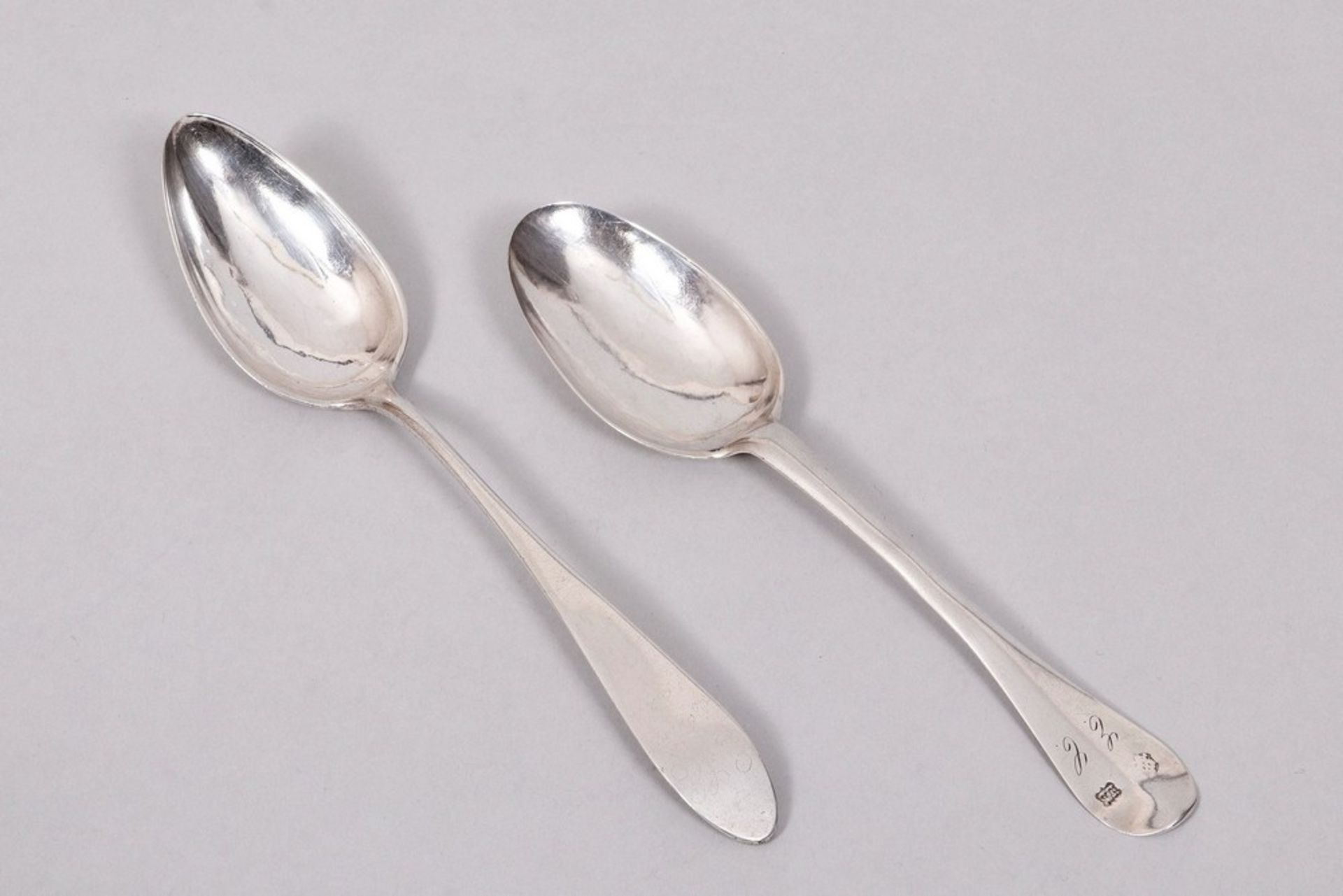 2 dining spoons, silver, including Friedrich August Heyne, Lübeck, late 18th C./1800
