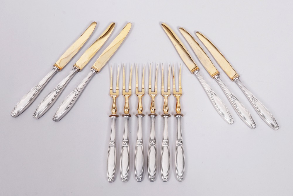 Art Nouveau fruit cutlery set for 6 people, silver-plated, partially gilt, c. 1900, 12 pcs.