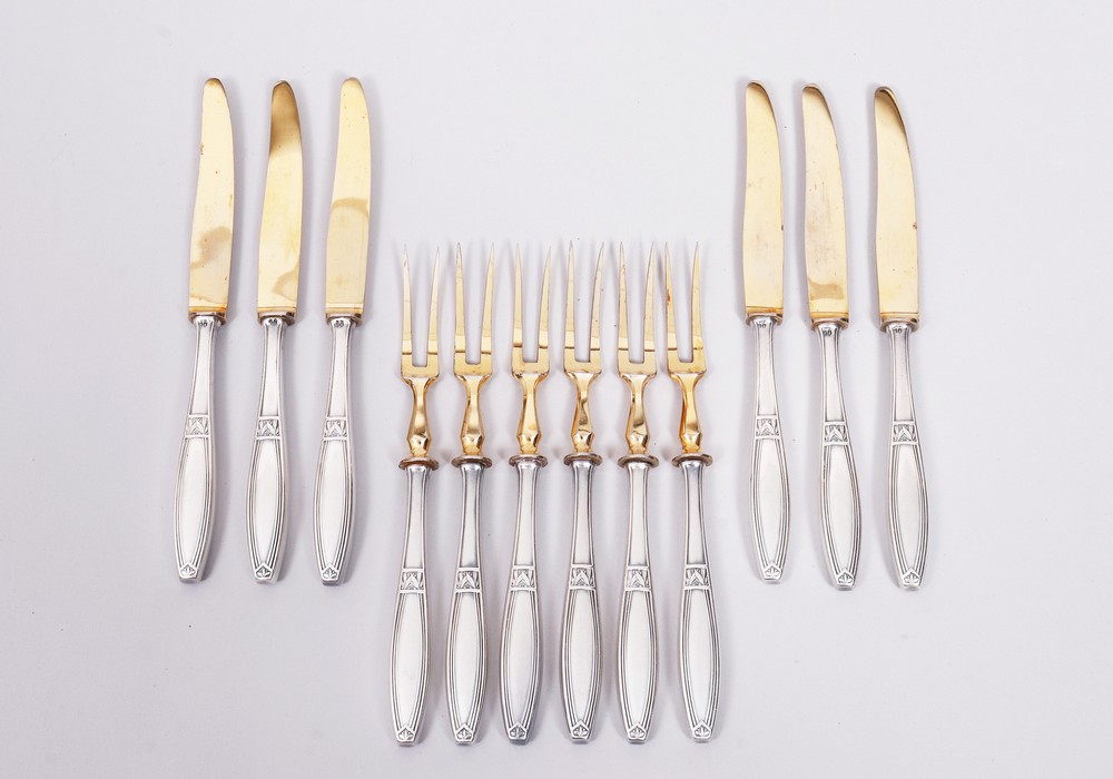 Art Nouveau fruit cutlery set for 6 people, silver-plated, partially gilt, c. 1900, 12 pcs. - Image 2 of 7