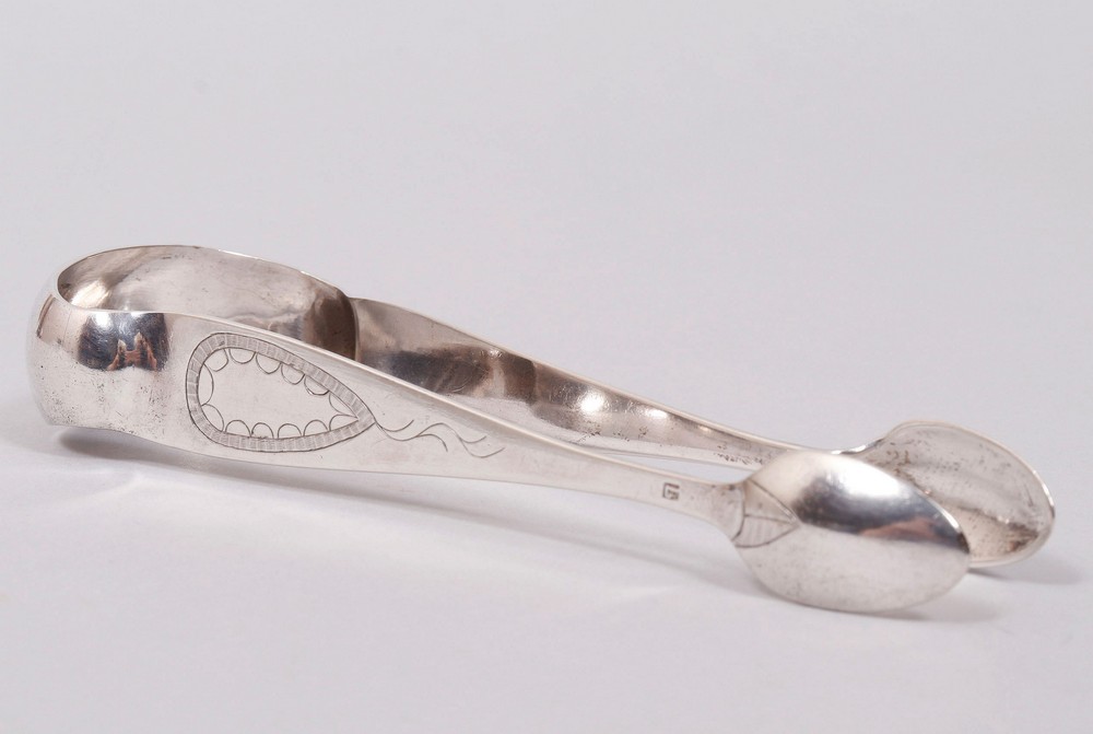 Biedermeier sugar tongs, silver, probably German, 19th C.