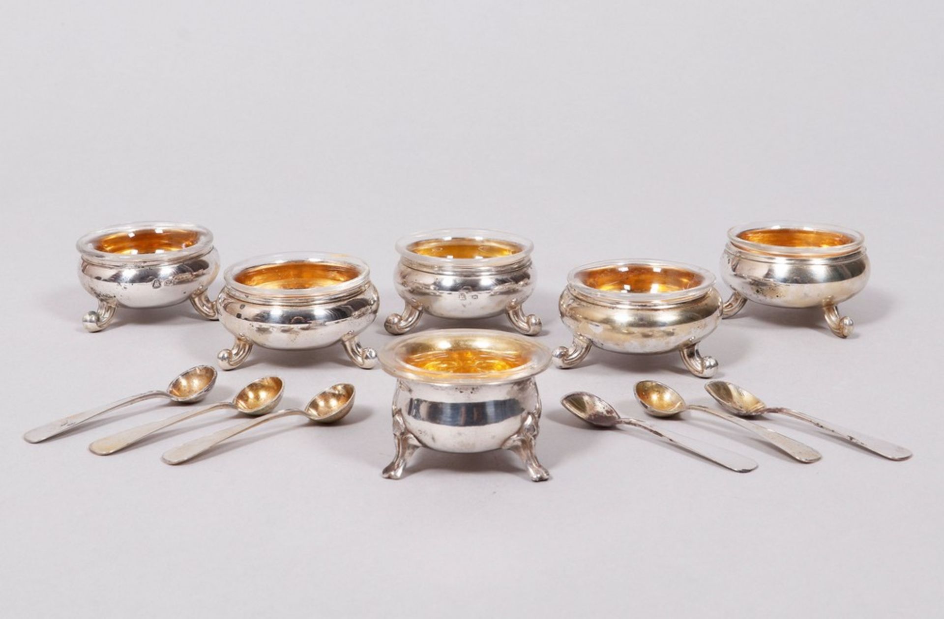 6 salt cellars, silver, probably Hamburg, 19th C.