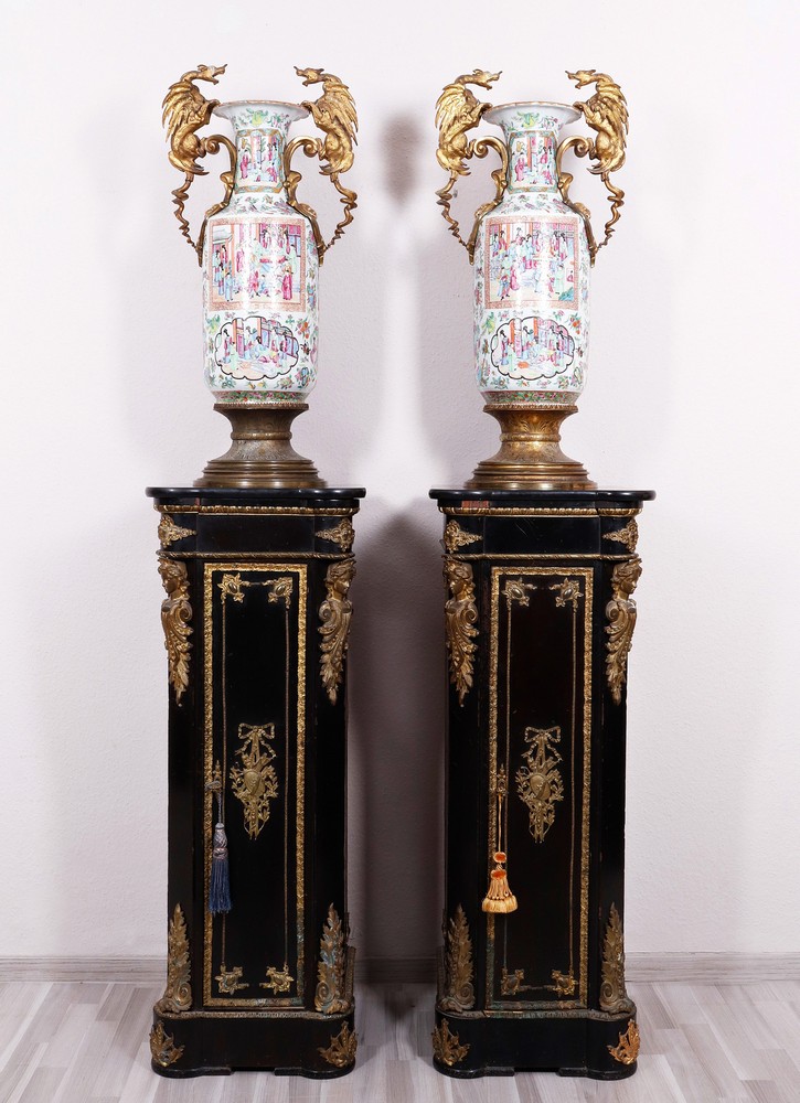 Pair of large Canton Famille Rose ornamental vases on stands, China/France, 19th C.