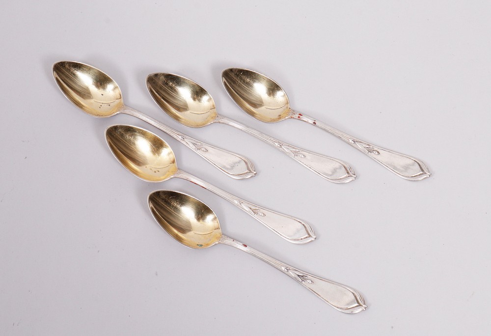 5 Art Nouveau mocha spoons, 800 silver, partially gilt, design Hugo Leven for Koch & Bergfeld, Brem