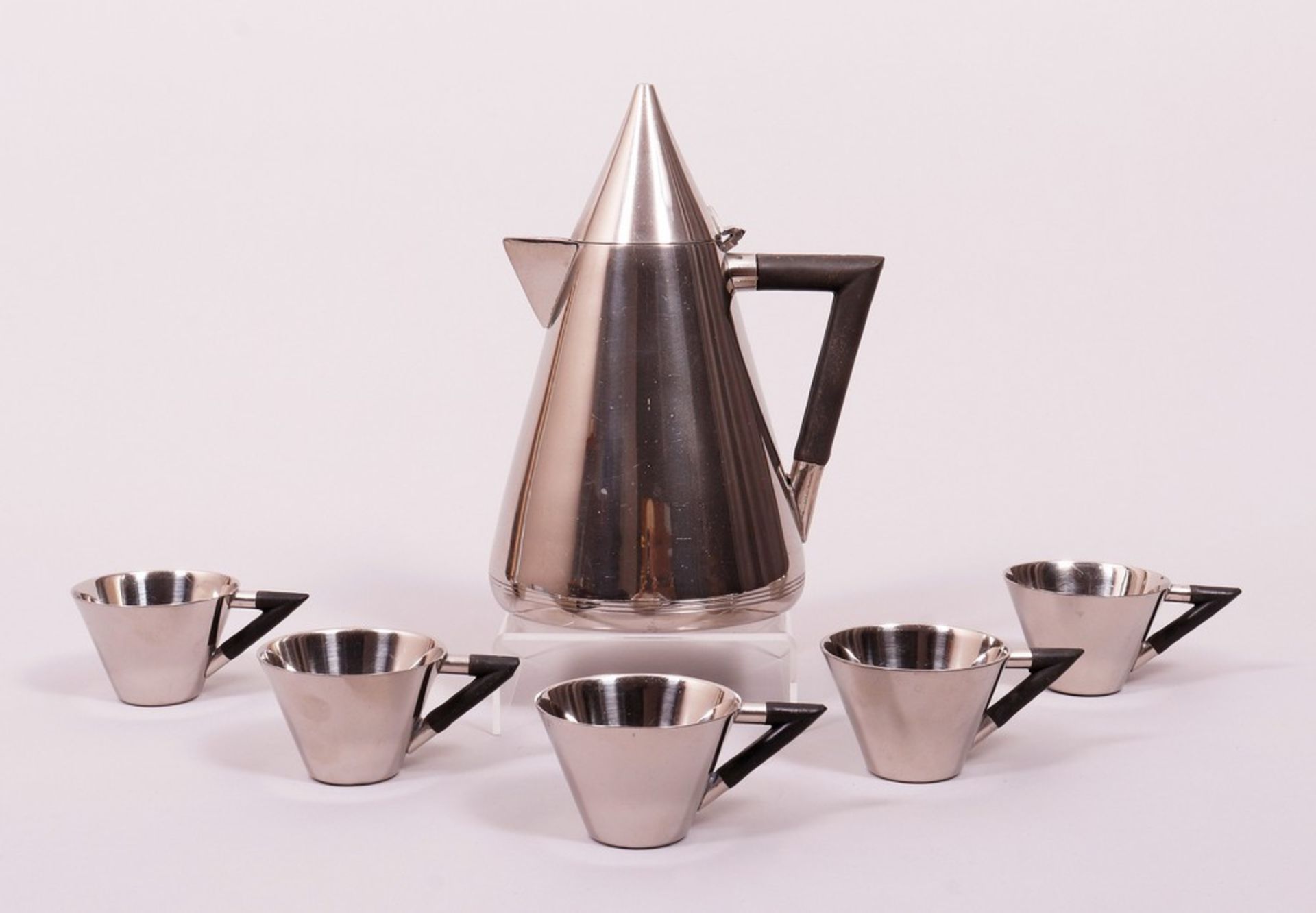 Coffee pot and 5 cups, probably Italy, 20th C.