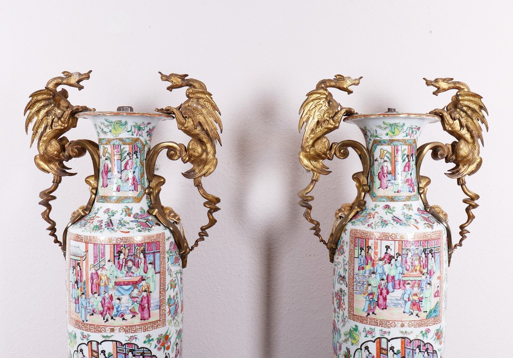 Pair of large Canton Famille Rose ornamental vases on stands, China/France, 19th C. - Image 7 of 13
