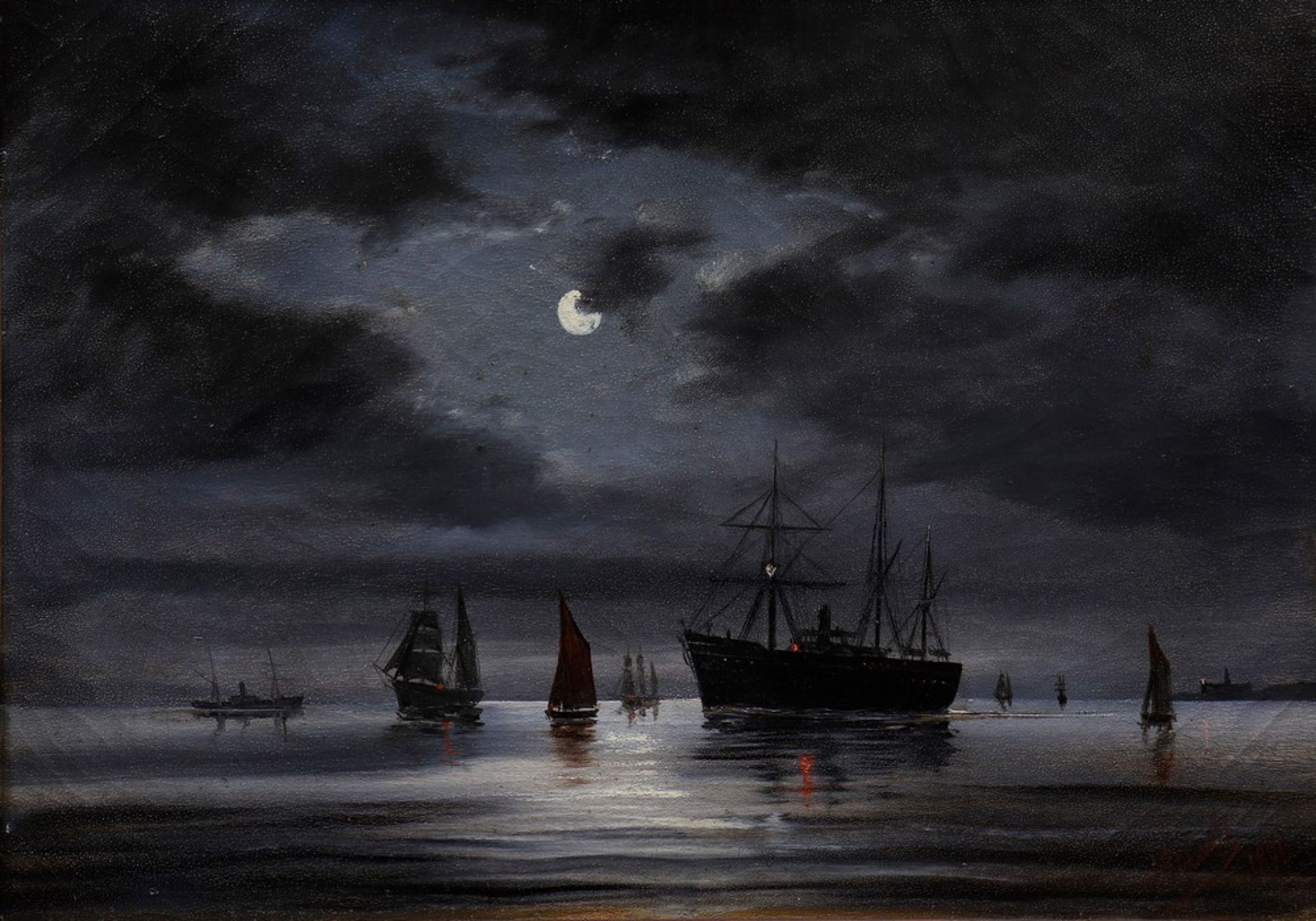 Steam ship and sailboats in the evening light, 1890 - Image 2 of 4