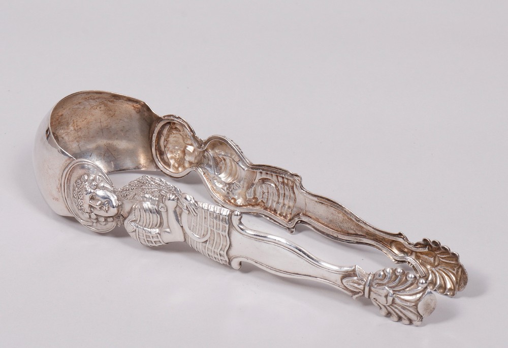 Baroque sugar tongs, silver, probably German, probably 18th C.