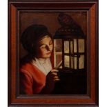 Young woman with a hood lighting a lantern, probably 18th C.