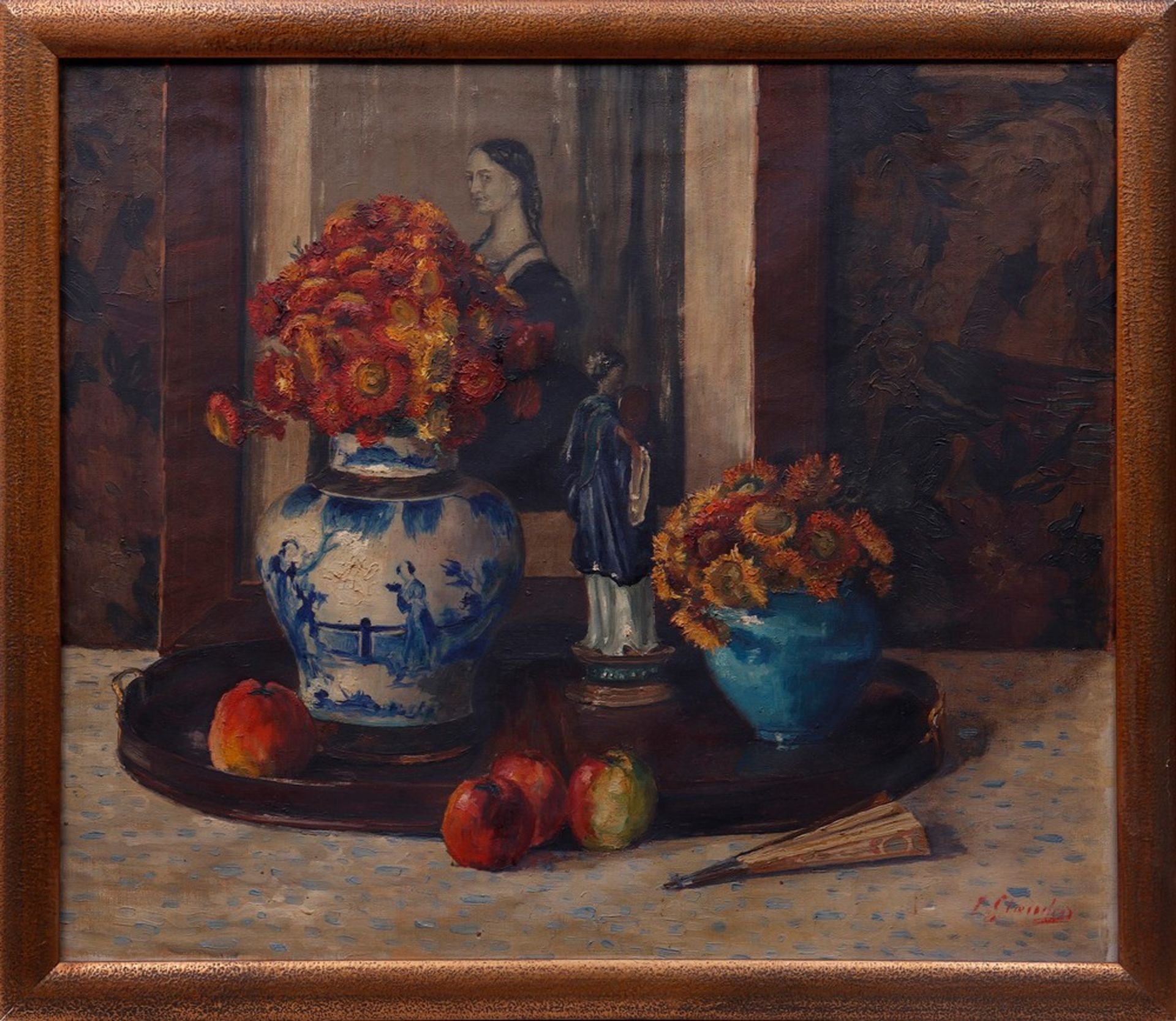 Still life with paintings, flowers and sculpture, around 1900/1920