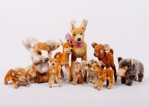 Mixed lot of softtoys, forest and wild animals, Steiff and others, middle/2. Half 20th C., 11 piece