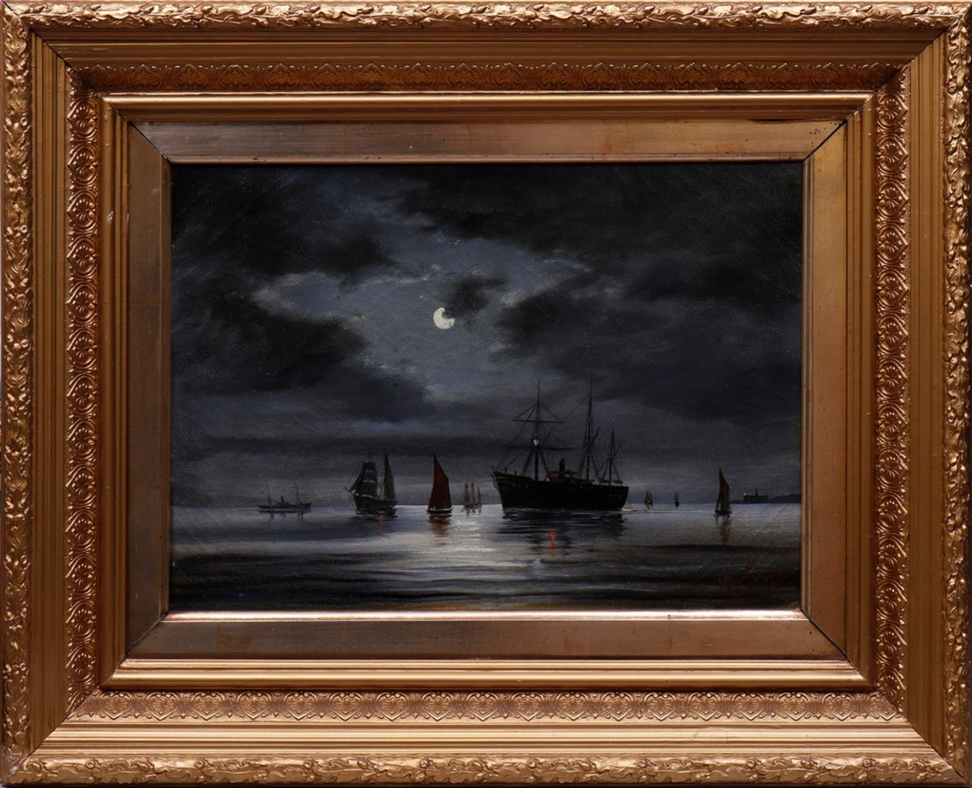 Steam ship and sailboats in the evening light, 1890