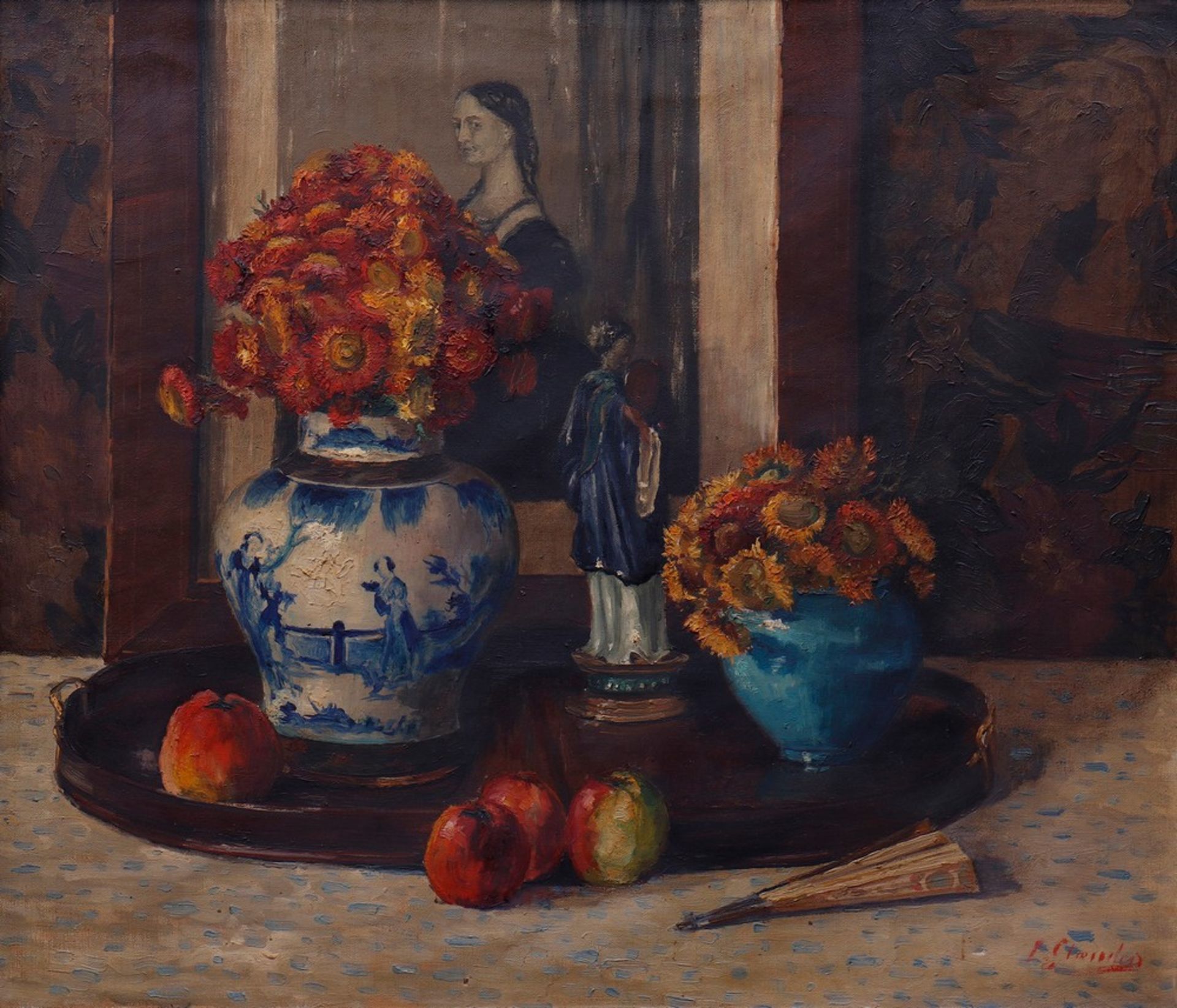 Still life with paintings, flowers and sculpture, around 1900/1920 - Image 2 of 4