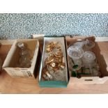 Assorted glassware to include, brass wall lights with glass attachments, decanters, wine glasses