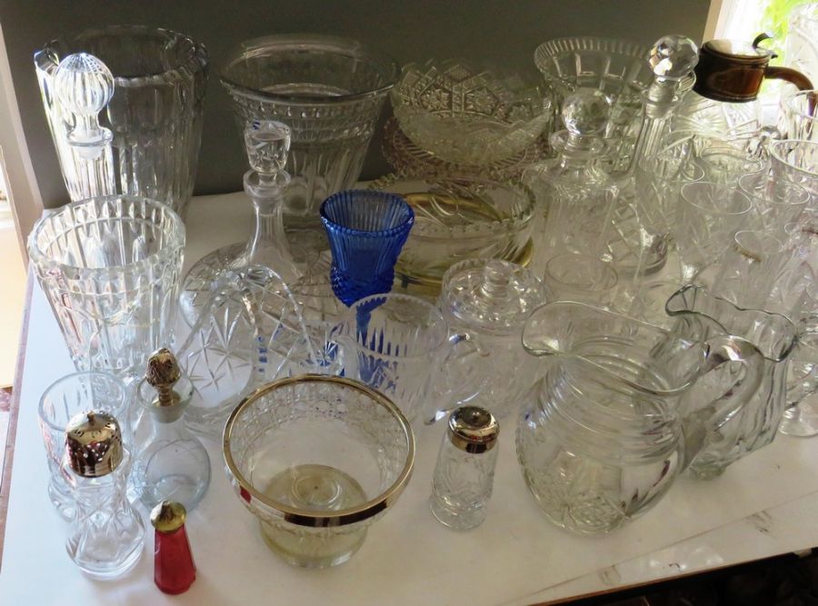 Large quantity of mixed glass wares to include a large wash jug and bowl , vases , decanters bowls - Image 2 of 5